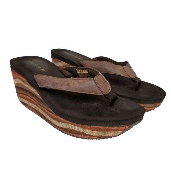 Roper Women's Wedge Heel Platform Thong Sandals Flip Flops Brown Size 10 - Picture 1 of 8